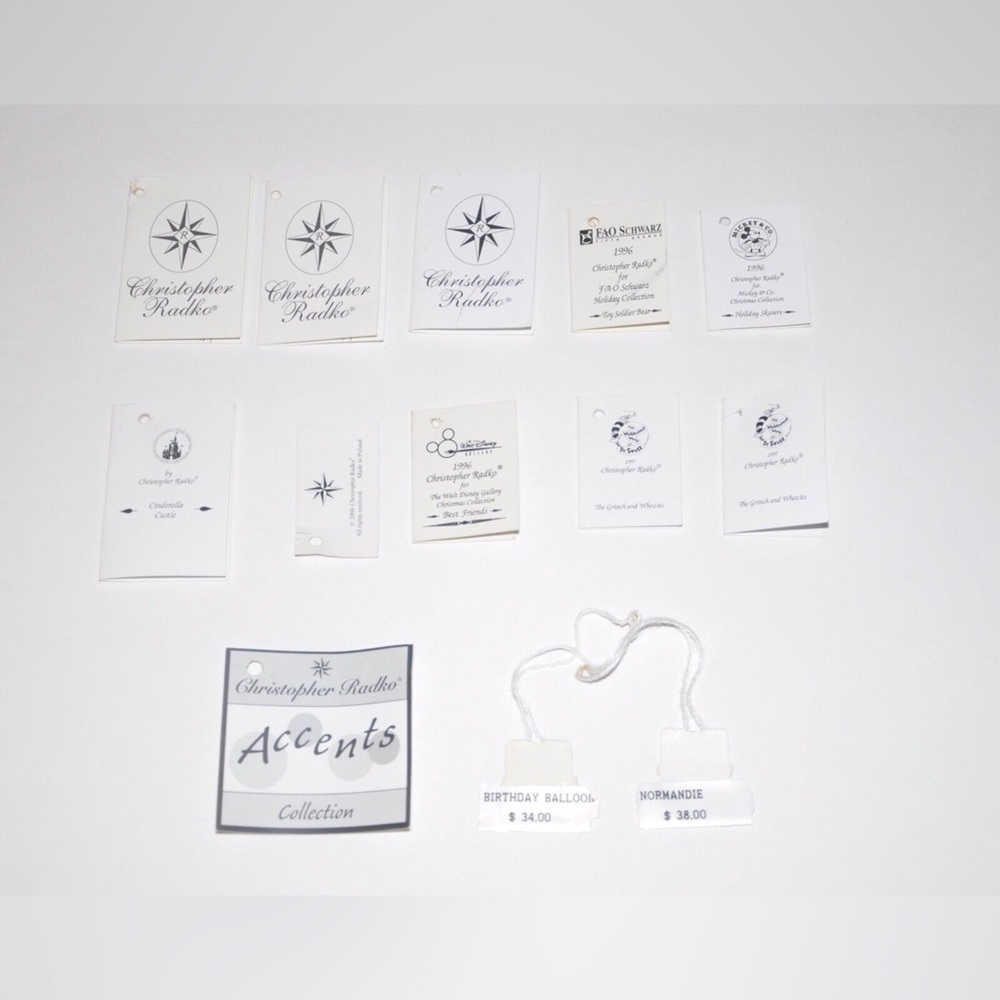 (13) Christopher Radko Christmas Ornament Tags Lot Vintage